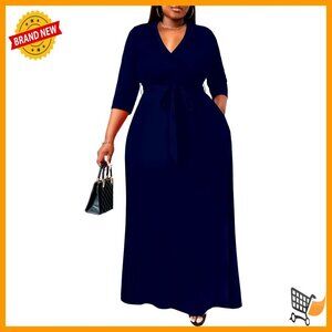 Plus Size Maxi Dress with Belt, 3/4 Sleeve Flowy Long Casual Summer Dress